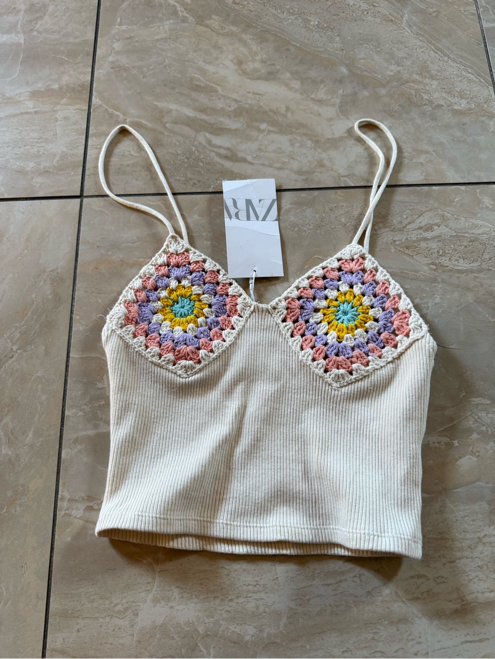 NWT Zara Cream Ribbed Crop Top with Pastel Crochet Cups